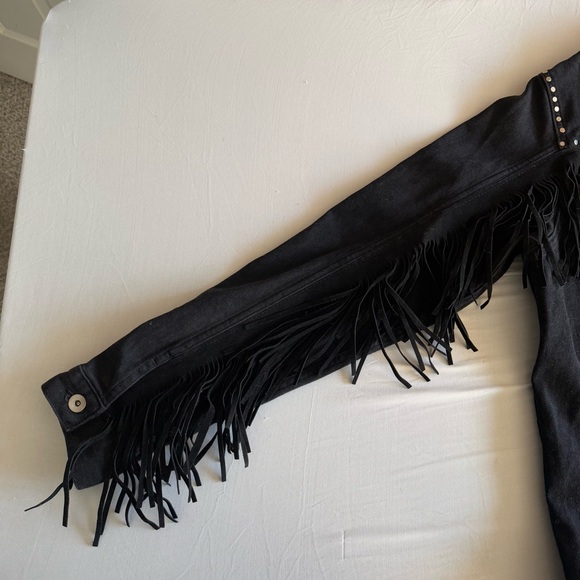 Zara Man Faux Suede Fringe Studded Black Denim Jacket Pockets Button Up Size L - Picture 10 of 16